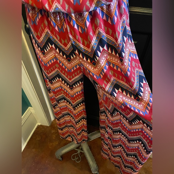 SIGNIFY Red Aztec Spaghetti Adjustable Strap Wide Leg Jumpsuit Women’s Size S - Picture 2 of 7
